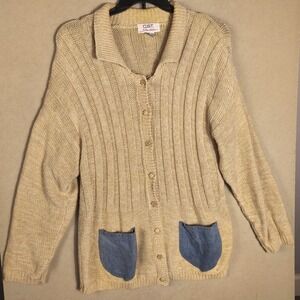 Vintage Ramie Cotton Cardigan Womens 2X Beige Knit Sweater Denim Pockets